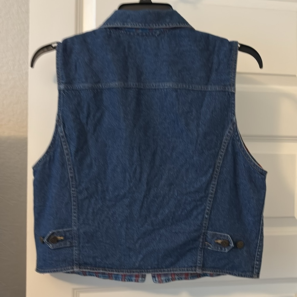 VTG cropped reversible denim jean vest plaid SZ L 100% cotton casual cottagecore - Picture 2 of 12